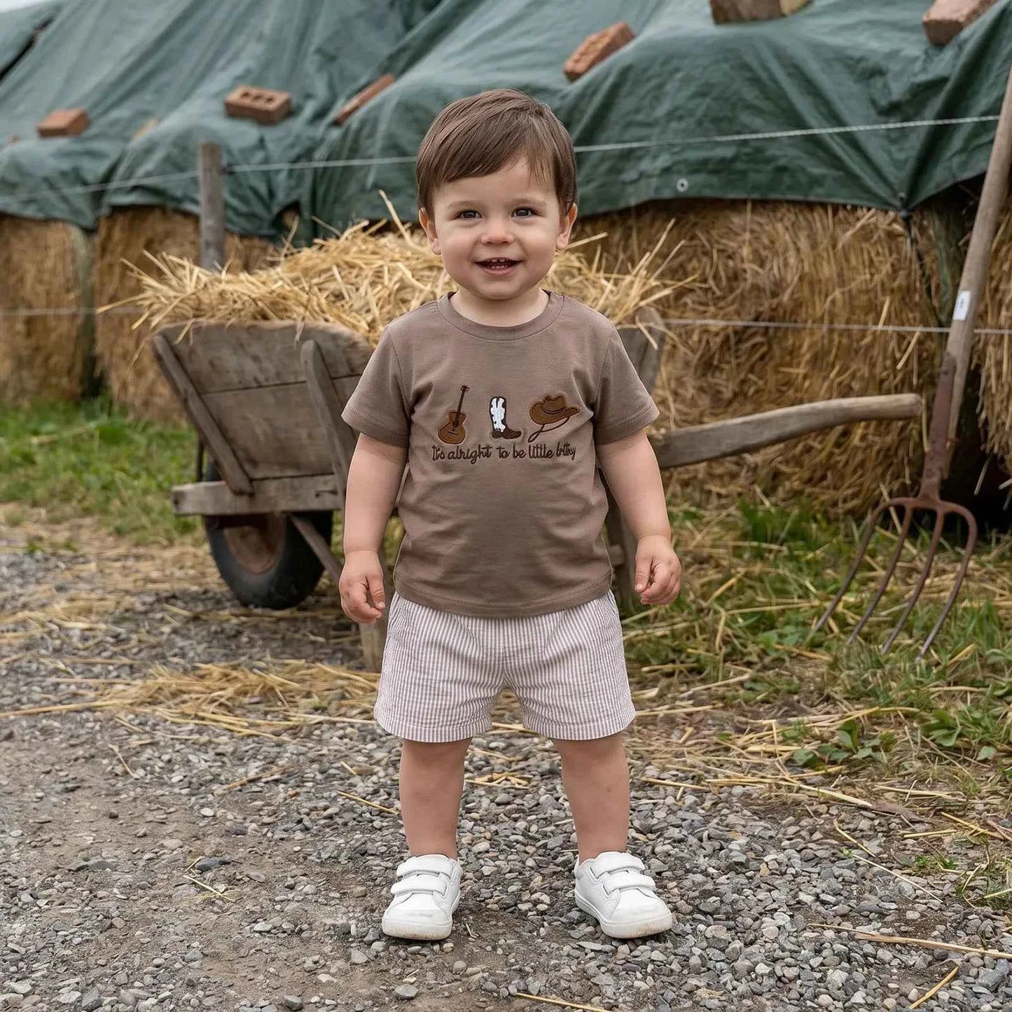 Cotton Brown Embroidered T-shirt & Striped Elastic Waist Shorts Set