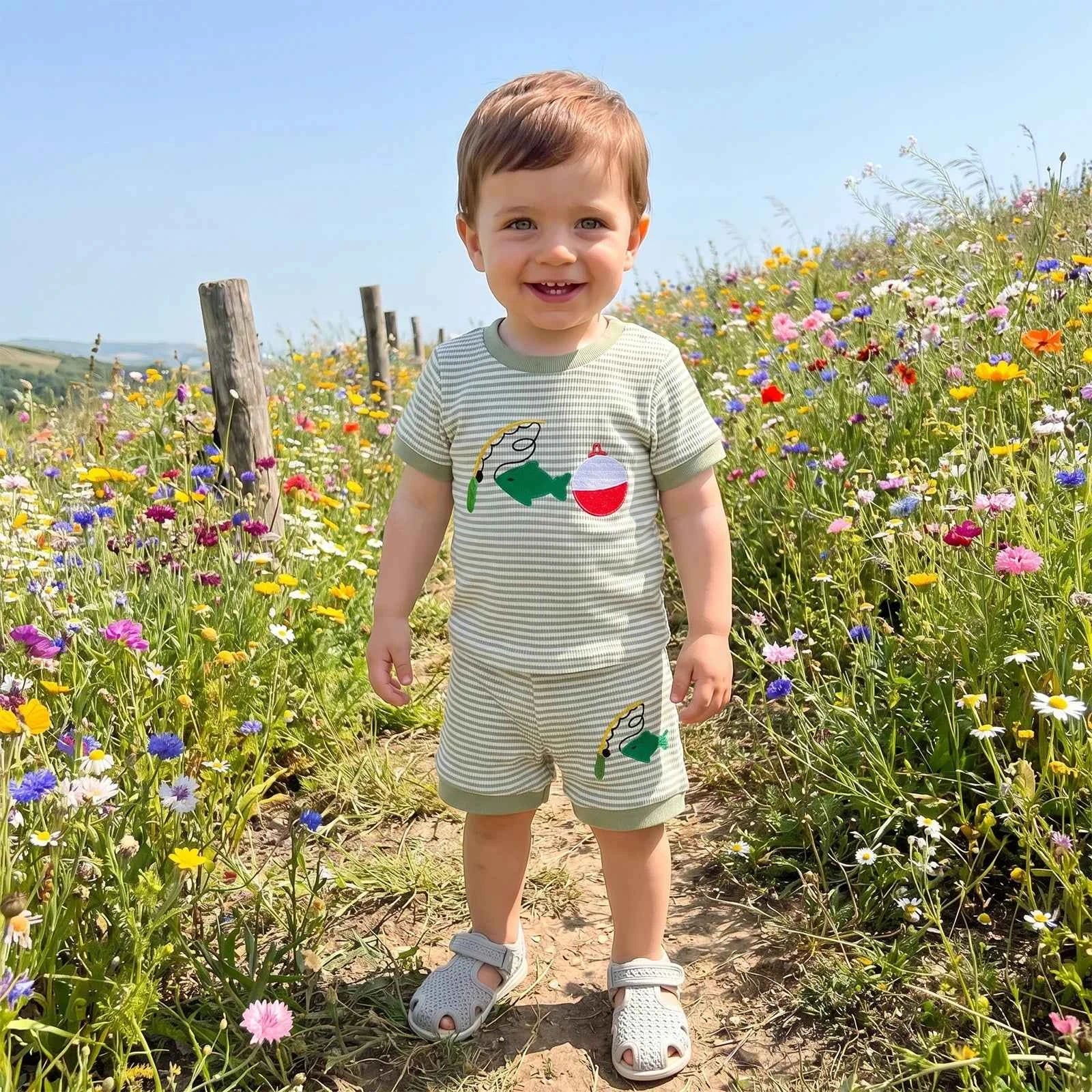 Cotton Striped Fishing Rod Tee & Shorts Set Green