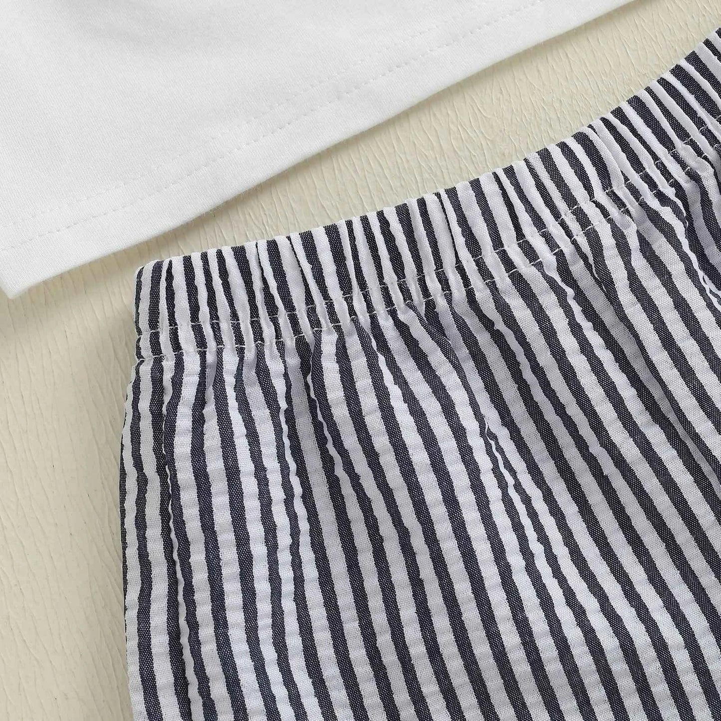 Cotton Sailboat Applique White Tee & Striped Shorts Set