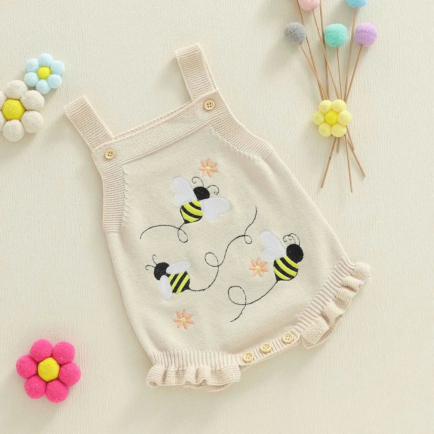 Knitted Floral Bee & Watermelon Rompers Set