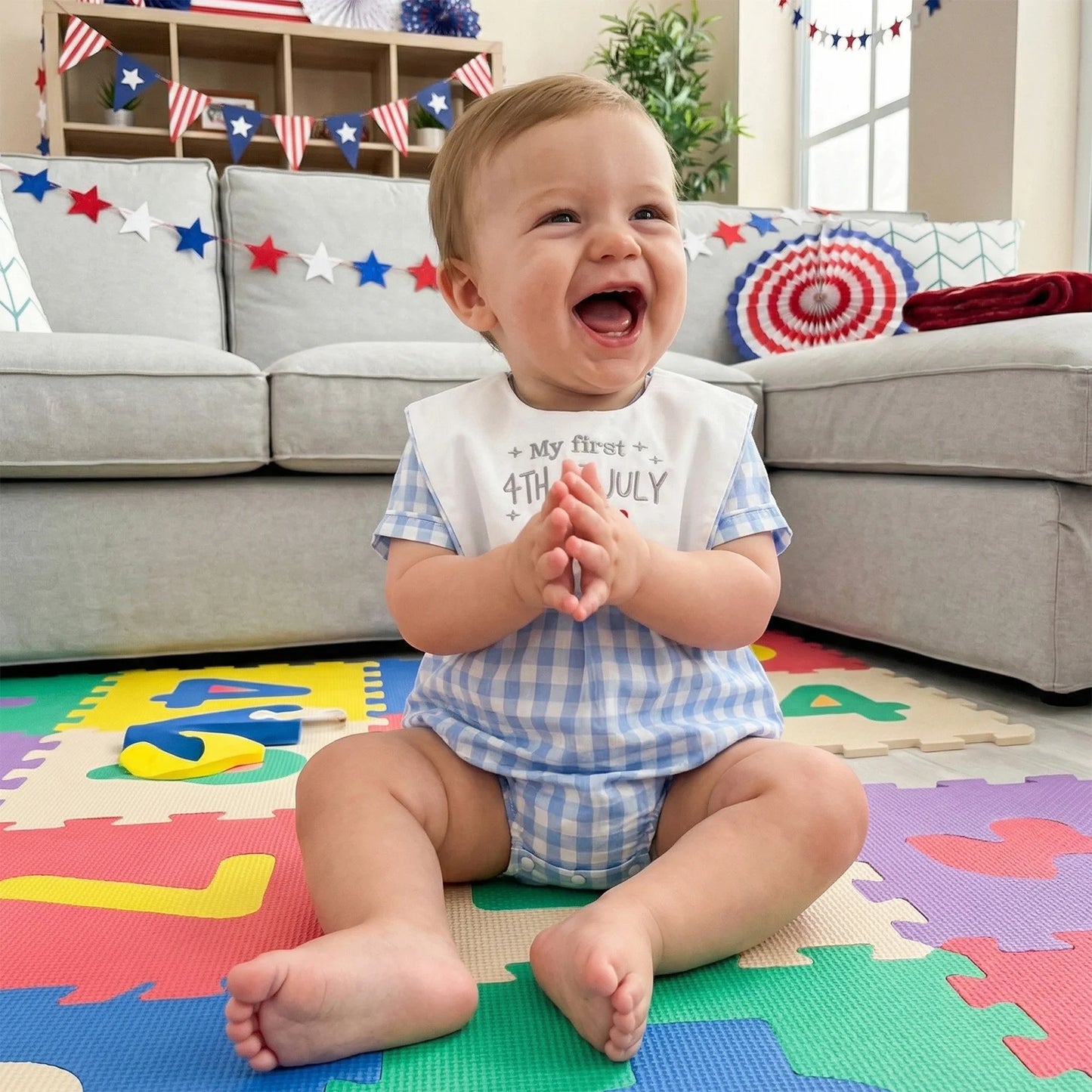 Cotton Blue Gingham Romper & Patriotic Bib Set