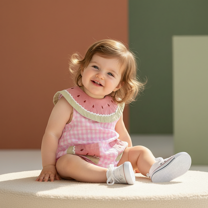 Cotton Pink Watermelon Gingham Romper/Dress