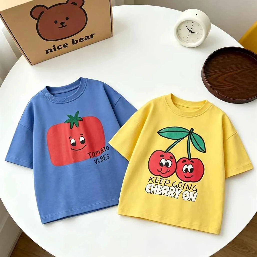 100% Cotton Tomato Vibes Blue Tee & Cherry On Yellow TShirt