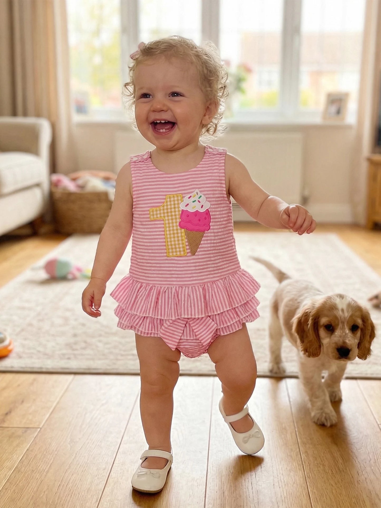 Pink Stripe Ice Cream Number One Top & Ruffled Bloomer Set