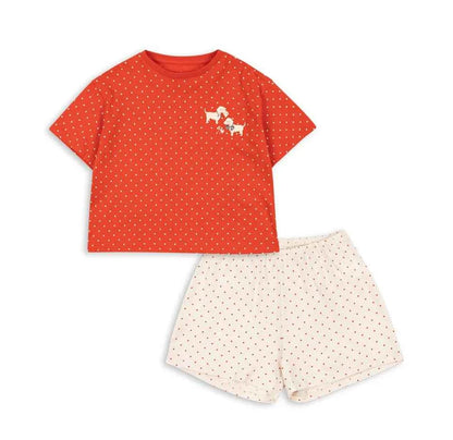 Cotton Dot Print T-Shirt & Shorts Set With Puppy Embroidery