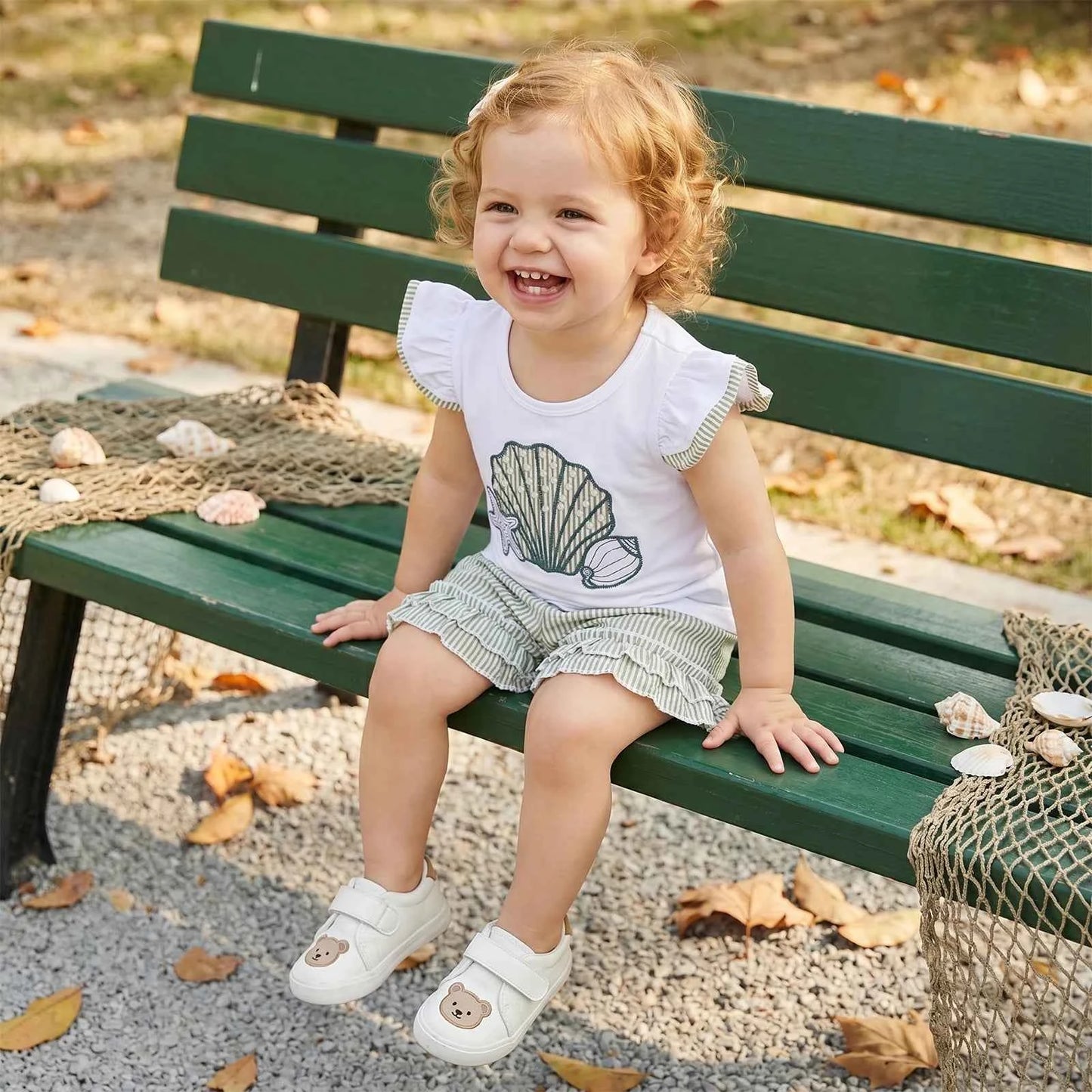 Cotton Seashell Embroidered Top & Striped Ruffle Shorts Set