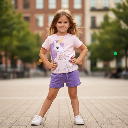 100% Cotton Unicorn Pink Tee & Purple Elastic Waist Shorts Set