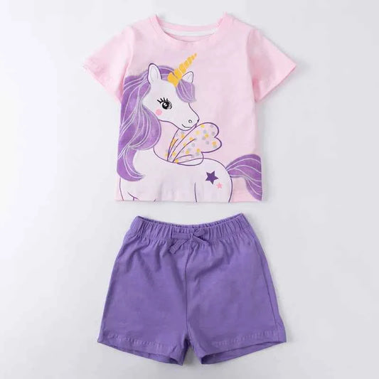 100% Cotton Unicorn Pink Tee & Purple Elastic Waist Shorts Set
