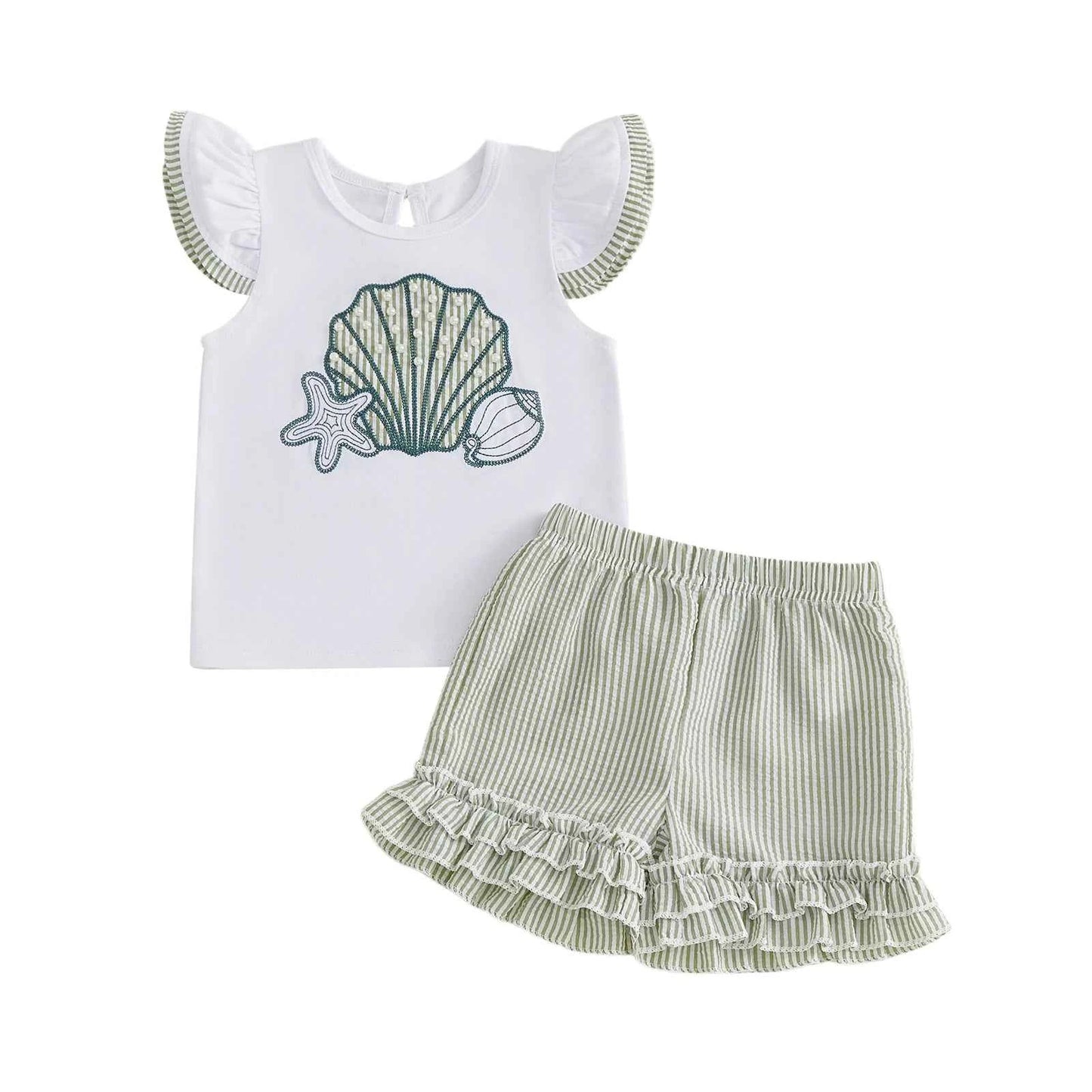 Cotton Seashell Embroidered Top & Striped Ruffle Shorts Set