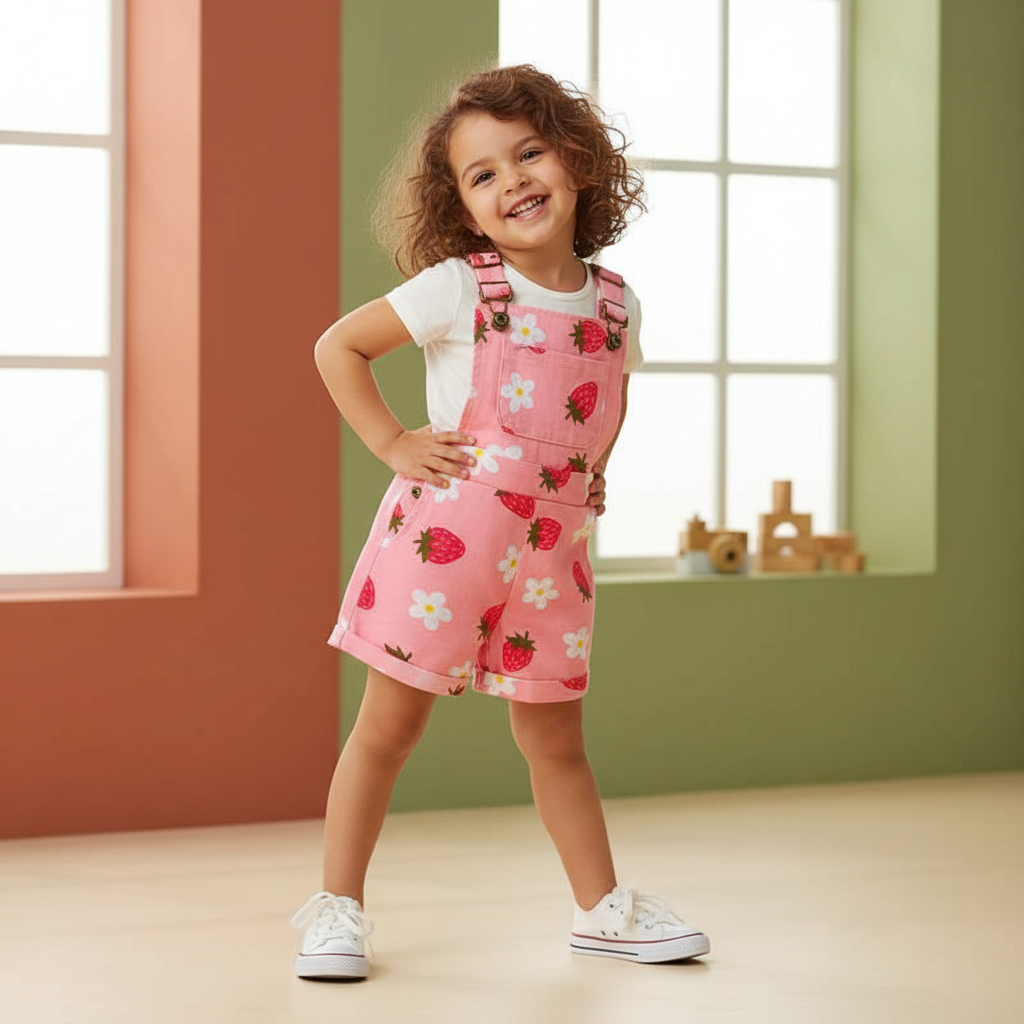 Cotton Floral & Strawberry Adjustable Strap Short Overalls