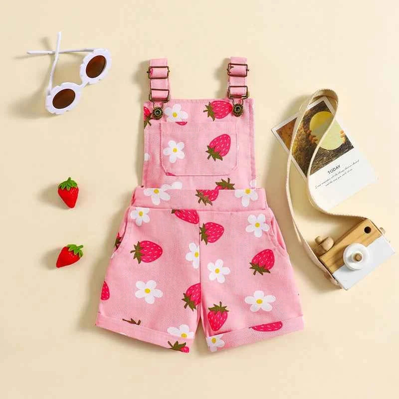 Cotton Floral & Strawberry Adjustable Strap Short Overalls