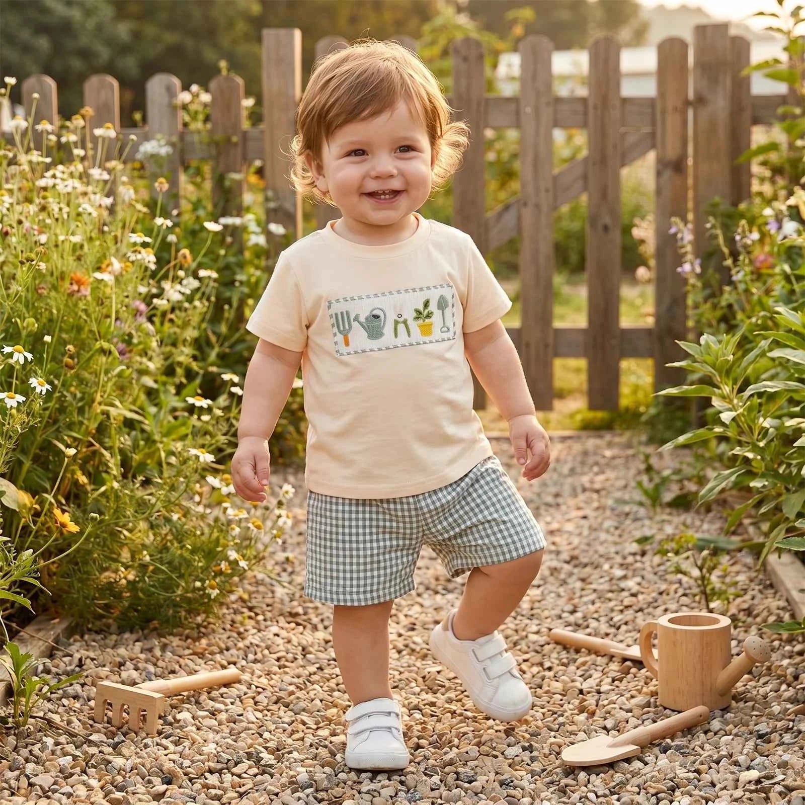 Cotton Garden Tools Embroidered Tee & Green Gingham Shorts Set