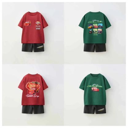 Cotton Lightning McQueen Cars Red & Green Tee Set With Shorts