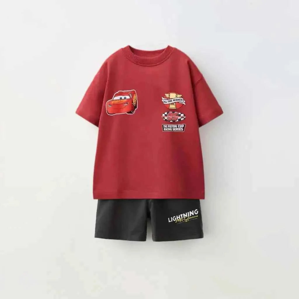 Cotton Lightning McQueen Cars Red & Green Tee Set With Shorts