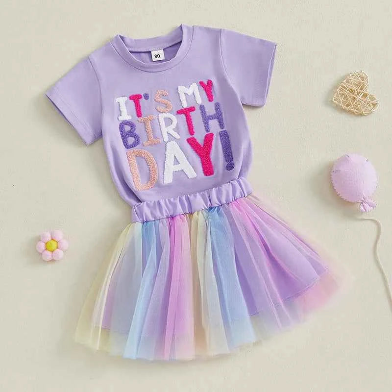 Cotton Birthday Lavender Tee & Pastel Rainbow Tulle Skirt