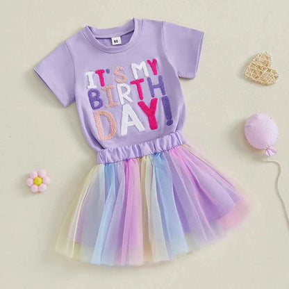Cotton Birthday Lavender Tee & Pastel Rainbow Tulle Skirt