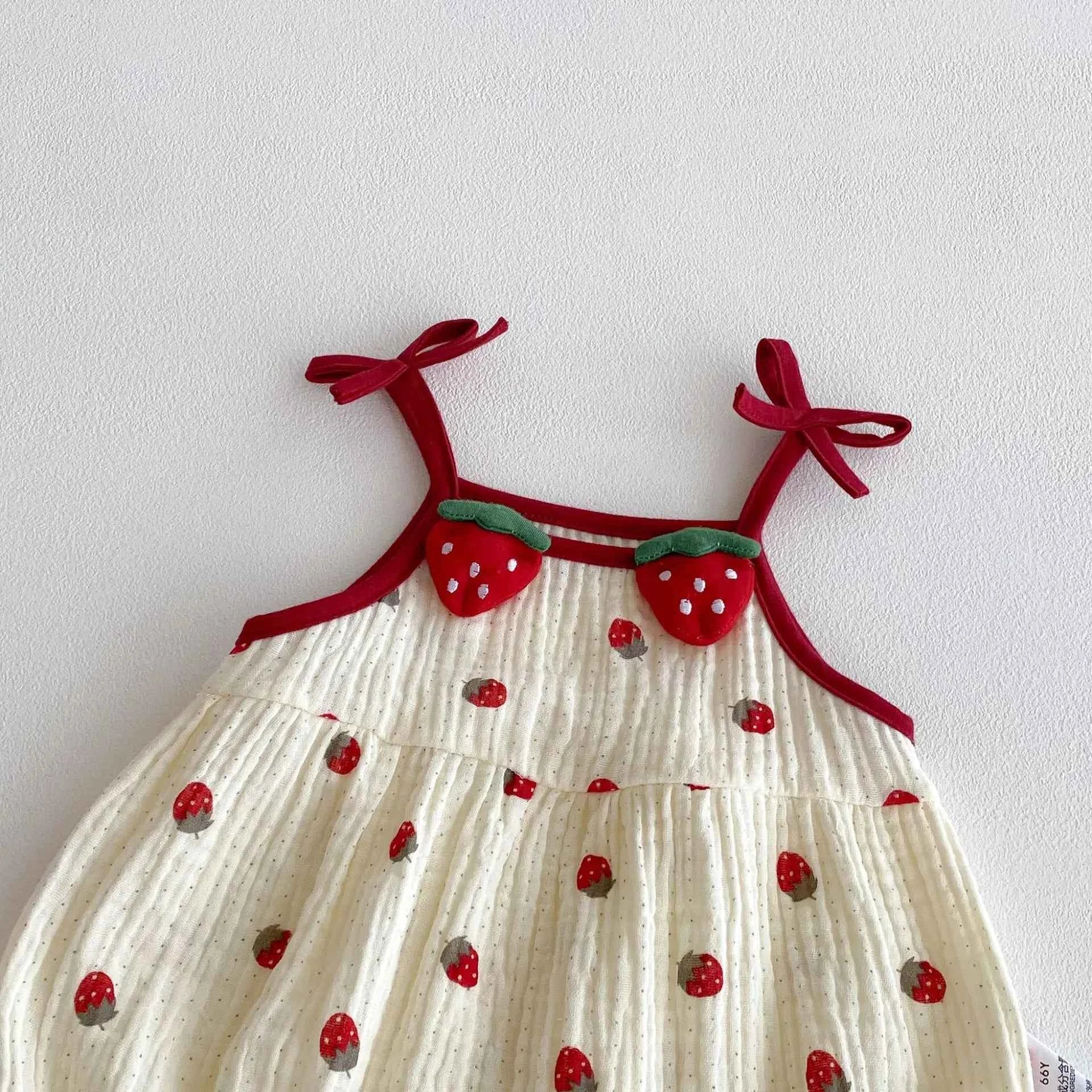 Cotton Strawberry Print Cotton Romper With Bow Straps