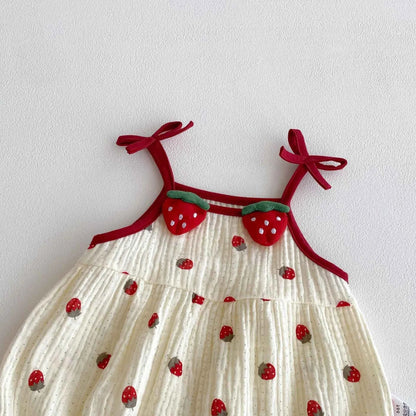 Cotton Strawberry Print Cotton Romper With Bow Straps