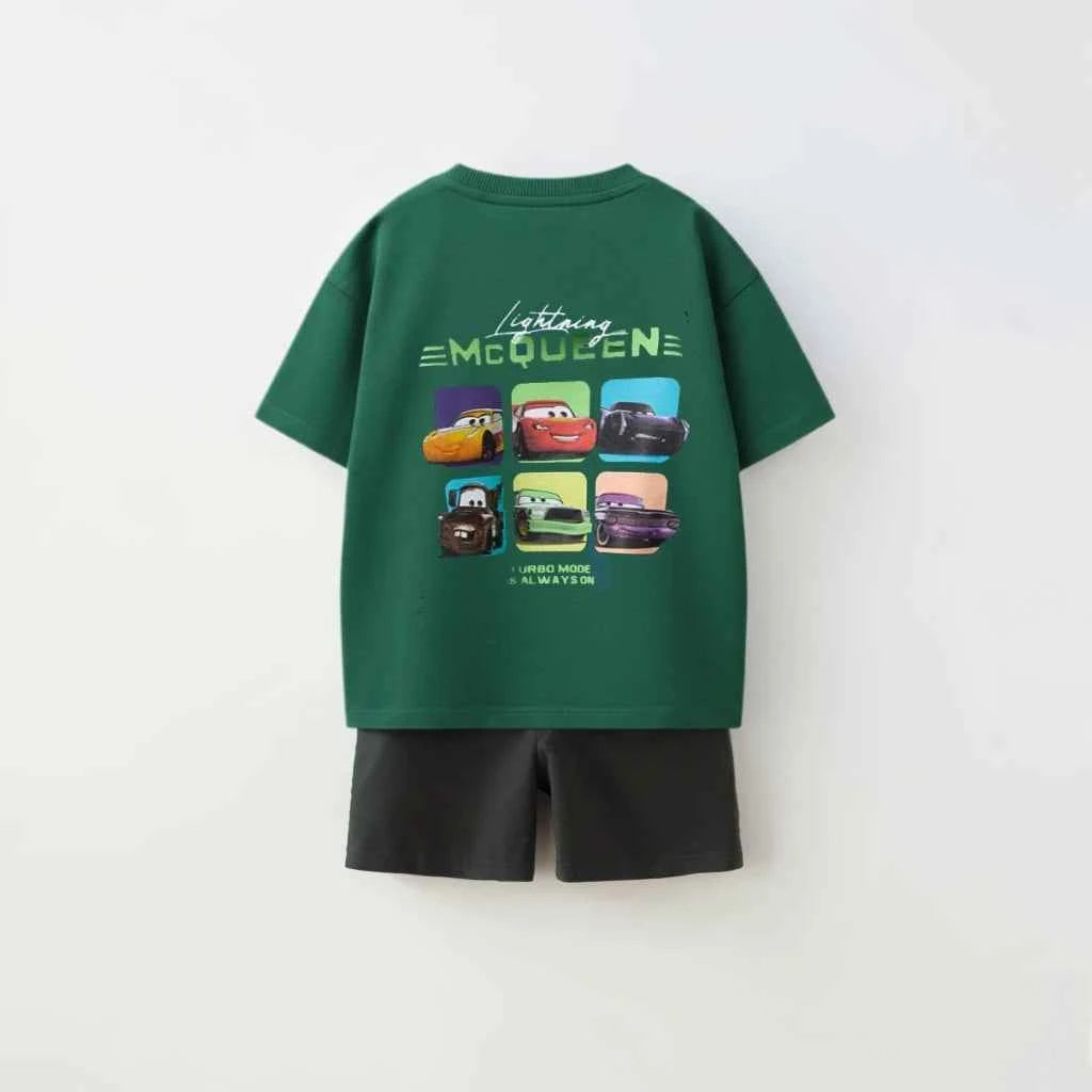 Cotton Lightning McQueen Cars Red & Green Tee Set With Shorts