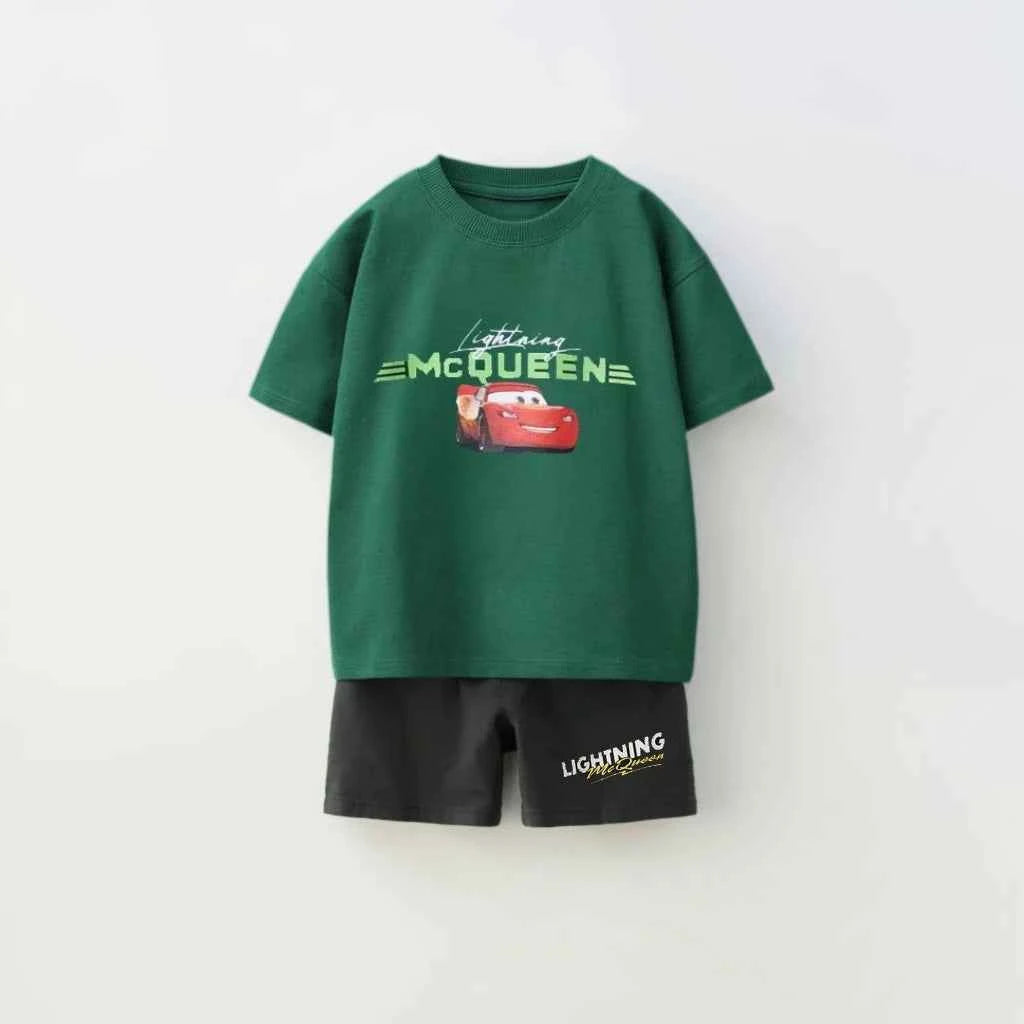 Cotton Lightning McQueen Cars Red & Green Tee Set With Shorts