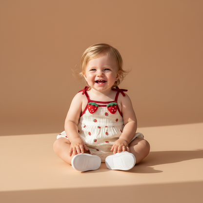 Cotton Strawberry Print Cotton Romper With Bow Straps
