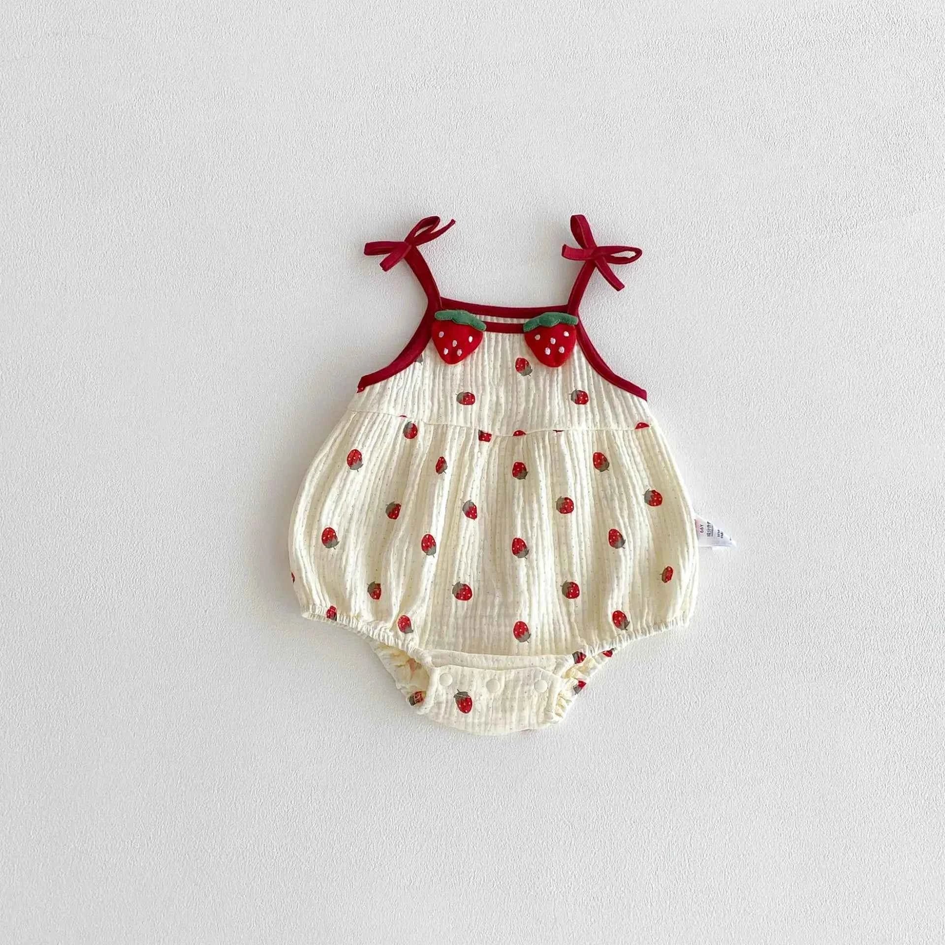 Cotton Strawberry Print Cotton Romper With Bow Straps