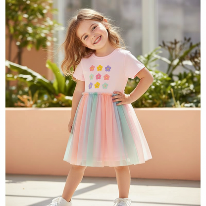 100% Cotton Striped Rainbow Applique Tulle Skirt Dress