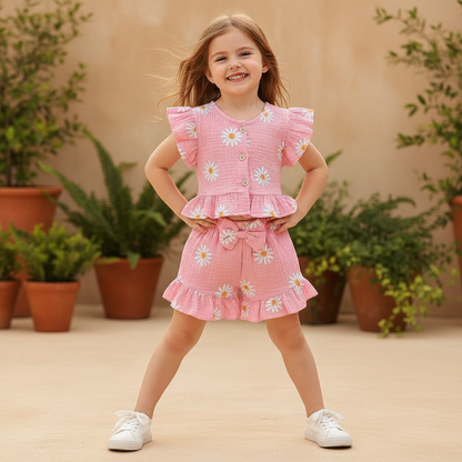 Cotton Floral Print Ruffle Sleeve Top & Bow Shorts Set