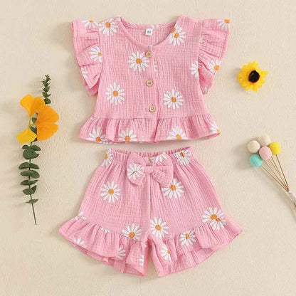 Cotton Floral Print Ruffle Sleeve Top & Bow Shorts Set