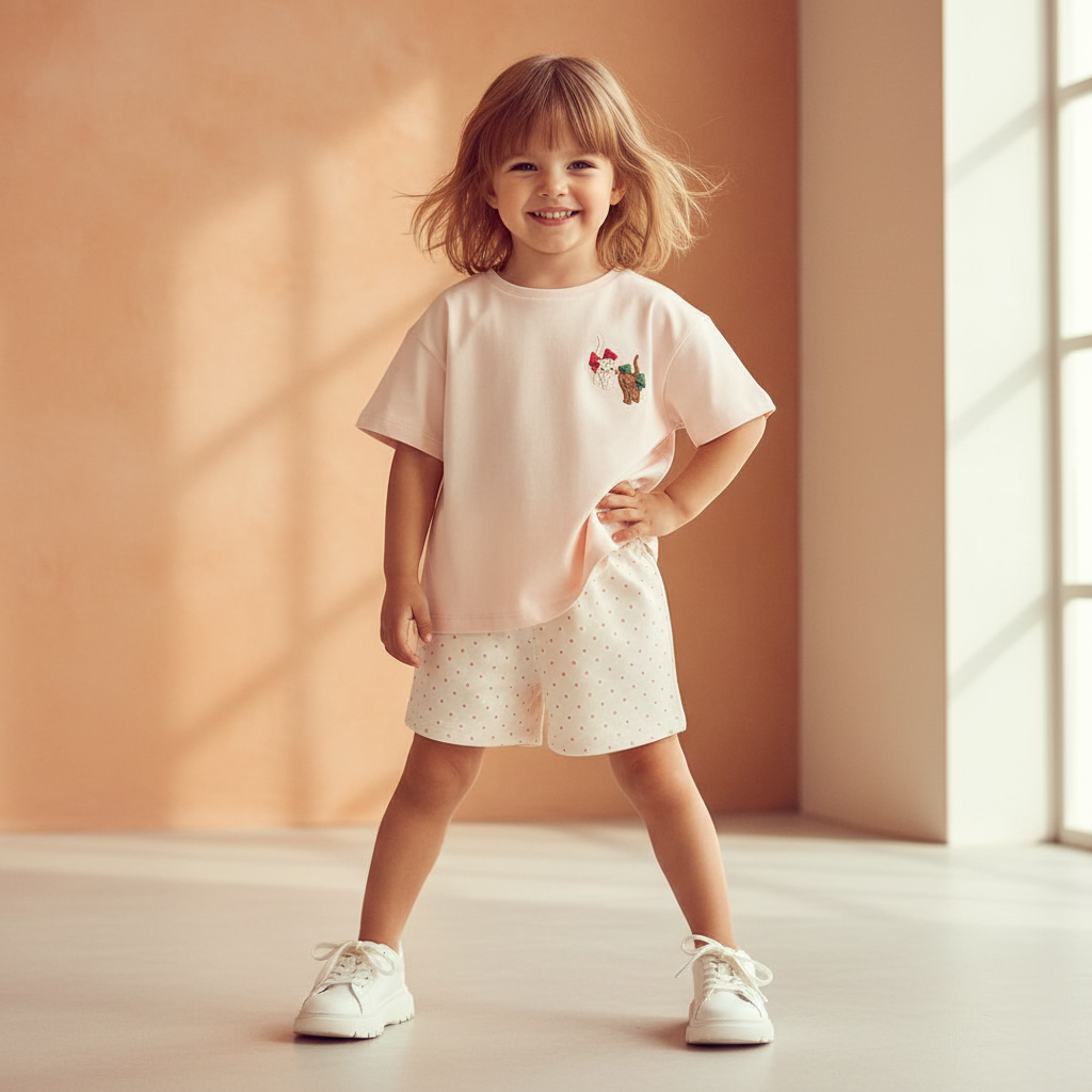 Cotton Embroidered Crop Top & Polka Dot Shorts Set