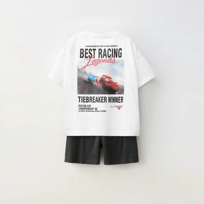 Cotton Lightning McQueen & Mickey Mouse White Tee & Shorts Set