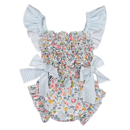 Floral Ruffle Swimsuits With Striped Bow & Sleeve Detail