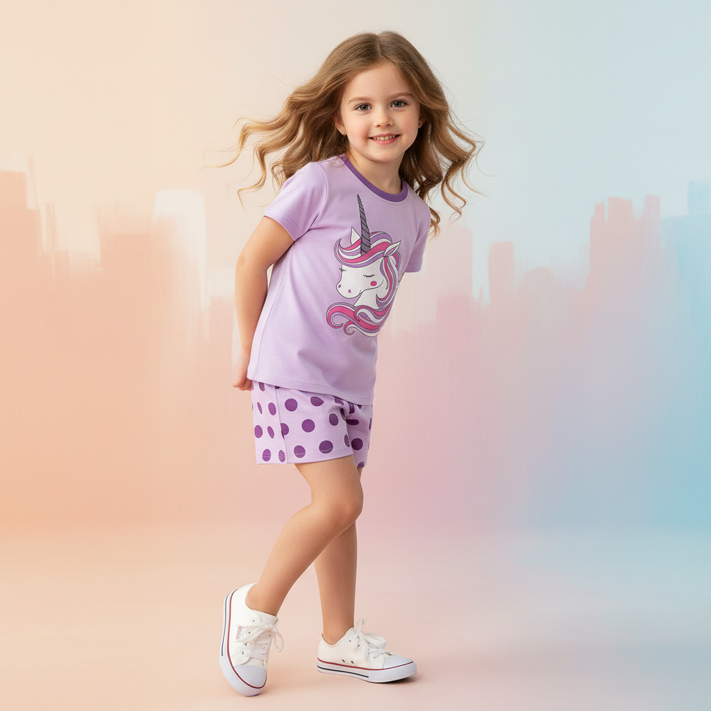 100% Cotton Unicorn Print Lavender Tee & Polka Dot Shorts Set