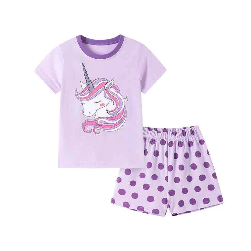 100% Cotton Unicorn Print Lavender Tee & Polka Dot Shorts Set