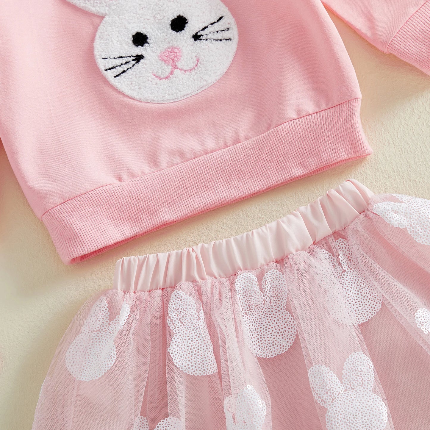 Cotton Pink Bunny Applique Sweatshirt & Tulle Skirt Set