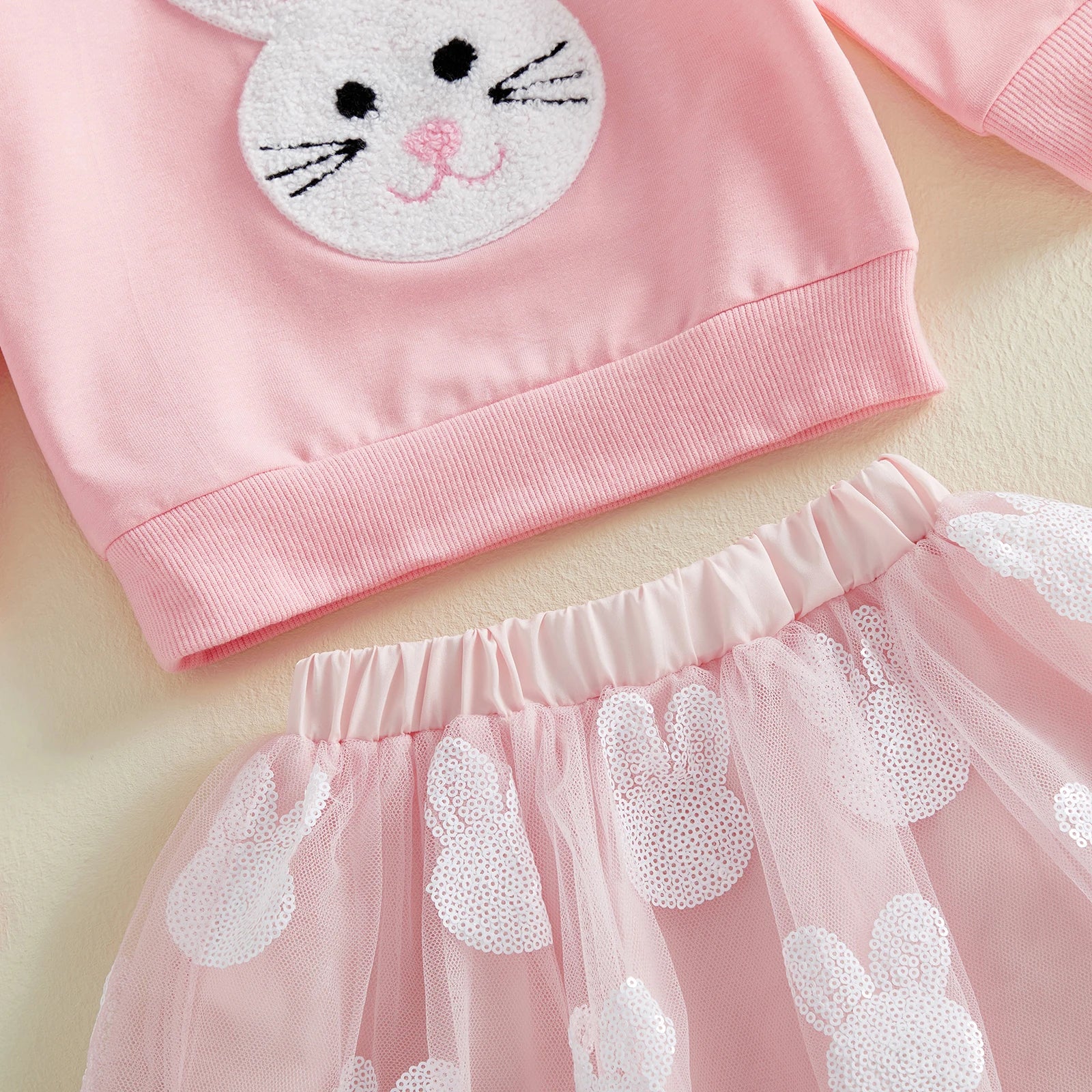 Cotton Pink Bunny Applique Sweatshirt & Tulle Skirt Set