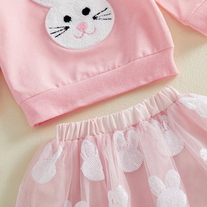 Cotton Pink Bunny Applique Sweatshirt & Tulle Skirt Set