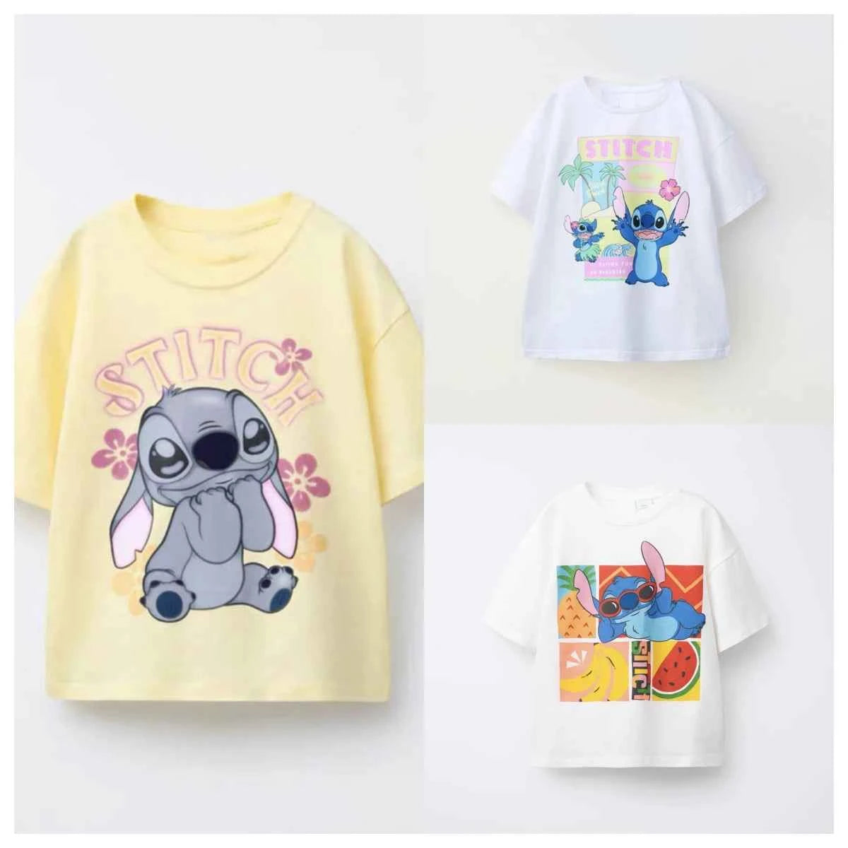 Cotton Stitch Cartoon Print Pastel & White Cotton Tees Set