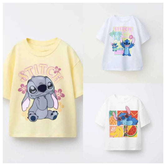 Cotton Stitch Cartoon Print Pastel & White Cotton Tees Set