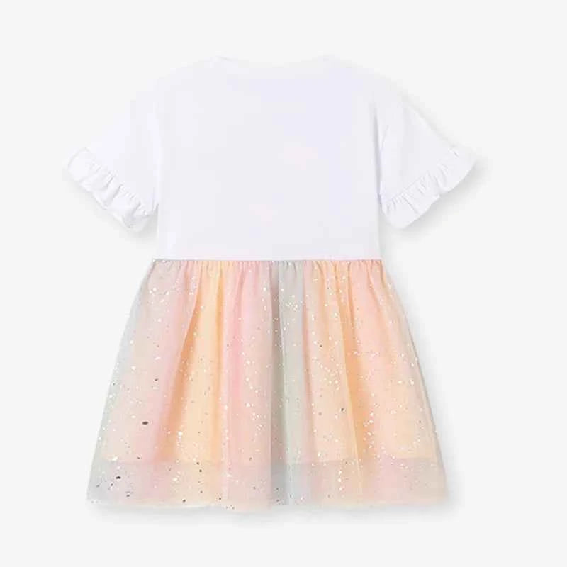 100% Cotton Rainbow Heart Tulle Dress With Ruffle Sleeves