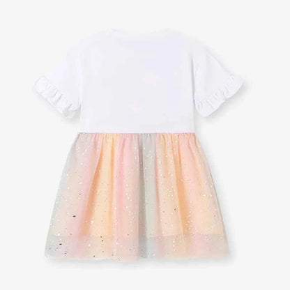 100% Cotton Rainbow Heart Tulle Dress With Ruffle Sleeves