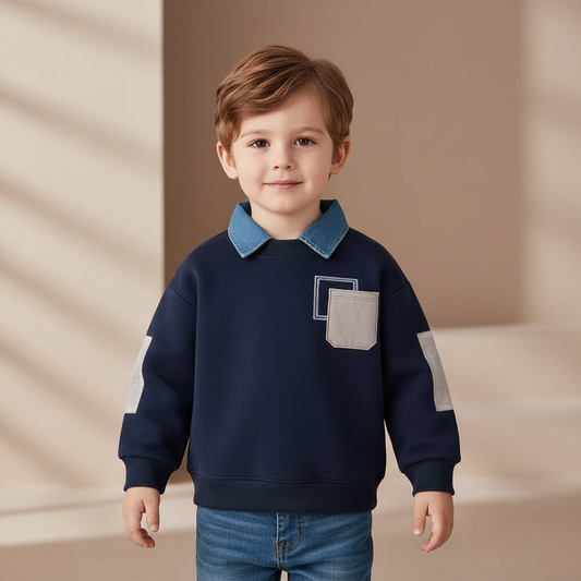 Denim Collar Patch Pocket Sweatshirt Navy & Grey