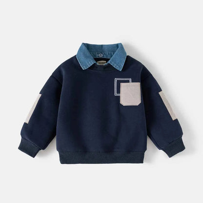 Denim Collar Patch Pocket Sweatshirt Navy & Grey