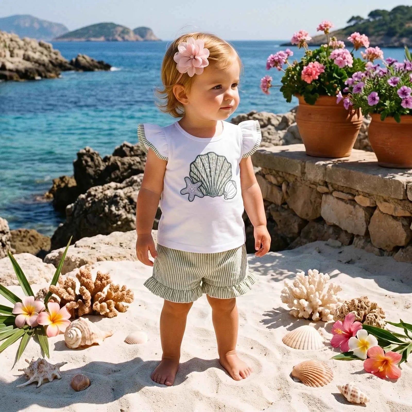 Cotton Seashell Embroidered Top & Striped Ruffle Shorts Set