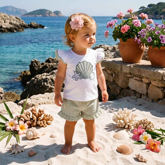 Cotton Seashell Embroidered Top & Striped Ruffle Shorts Set