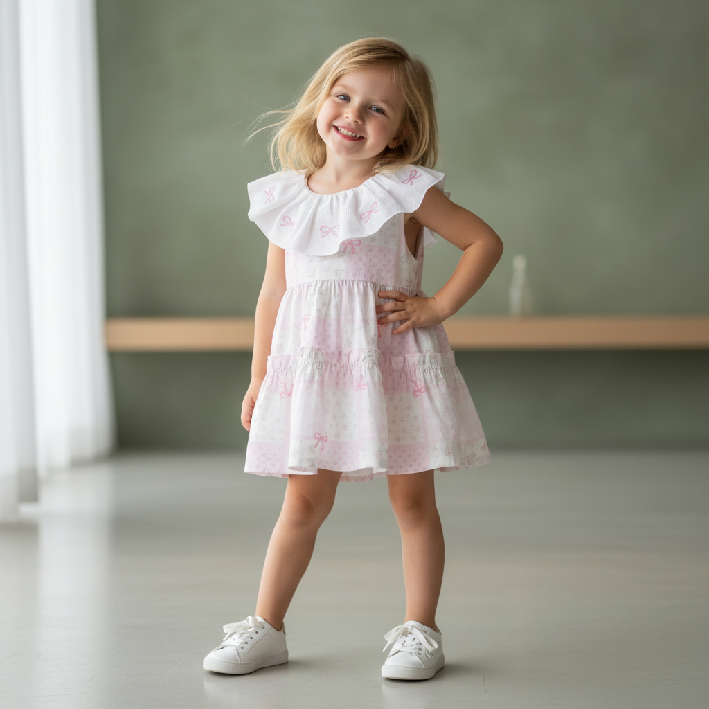 100% Cotton Pink Bow Ruffled Collar Dress