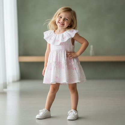 100% Cotton Pink Bow Ruffled Collar Dress