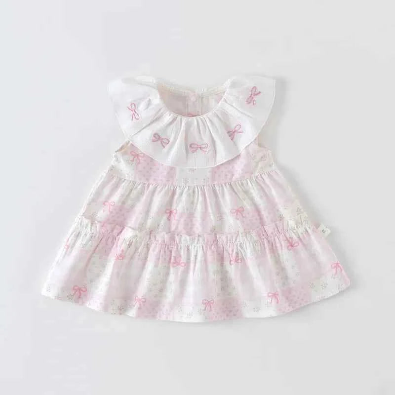 100% Cotton Pink Bow Ruffled Collar Dress