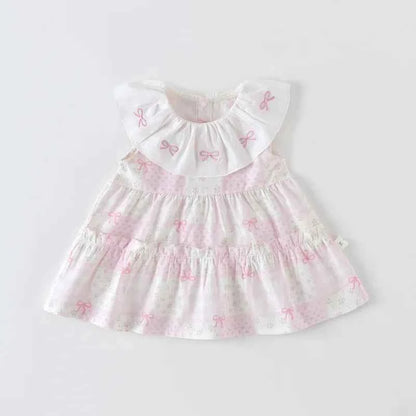 100% Cotton Pink Bow Ruffled Collar Dress