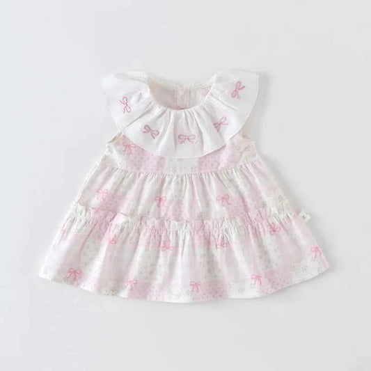 100% Cotton Pink Bow Ruffled Collar Dress